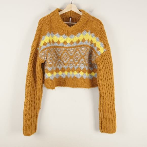 Free People Sweaters - Free People Alpine Knit Pullover Yellow Cropped Sweater Womens Sz M